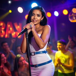 A cute, innocent yet sexy 25-year-old light-skin Polynesian woman with soft and gentle facial features, long black hair, and captivating blue eyes