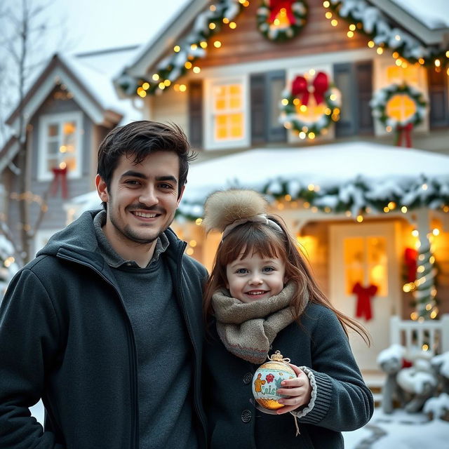 A delightful Christmas scene showcasing two young men in their 30s, one with dark hair and the other with blond hair, standing together in front of a charming house that is beautifully decorated for the Christmas season