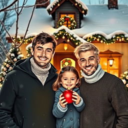 A delightful Christmas scene showcasing two young men in their 30s, one with dark hair and the other with blond hair, standing together in front of a charming house that is beautifully decorated for the Christmas season