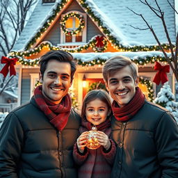 A delightful Christmas scene showcasing two young men in their 30s, one with dark hair and the other with blond hair, standing together in front of a charming house that is beautifully decorated for the Christmas season