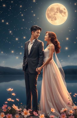 A romantic scene capturing the essence of eternal love, featuring a couple holding hands under a starry night sky