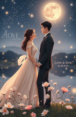 A romantic scene capturing the essence of eternal love, featuring a couple holding hands under a starry night sky