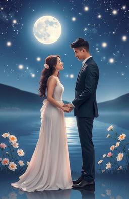 A romantic scene capturing the essence of eternal love, featuring a couple holding hands under a starry night sky