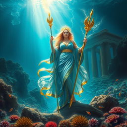 A breathtaking depiction of Our Lady Maria, the Greek Goddess of Thunder, standing majestically in the vibrant ocean of Atlantis, the lost kingdom