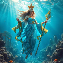 A breathtaking depiction of Our Lady Maria, the Greek Goddess of Thunder, standing majestically in the vibrant ocean of Atlantis, the lost kingdom
