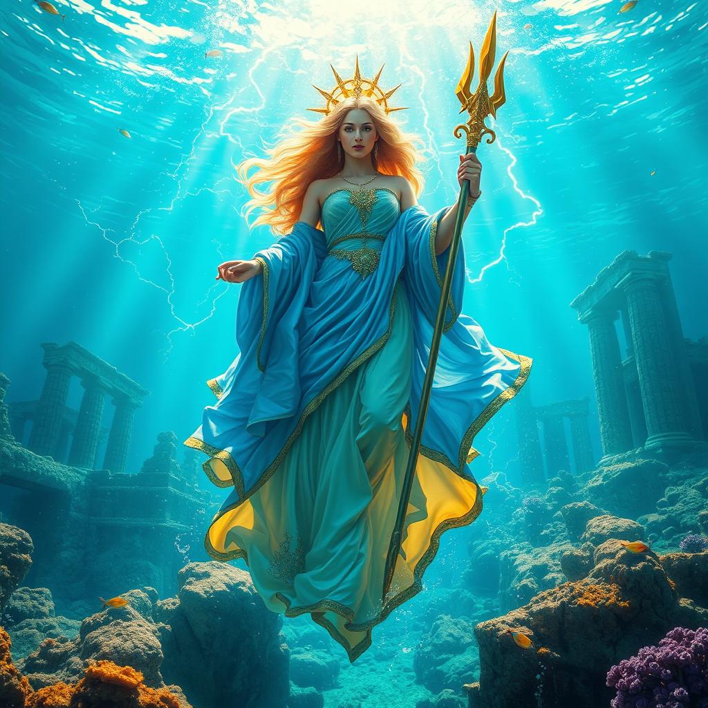 A breathtaking depiction of Our Lady Maria, the Greek Goddess of Thunder, standing majestically in the vibrant ocean of Atlantis, the lost kingdom