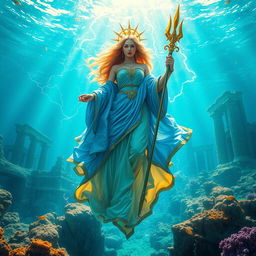 A breathtaking depiction of Our Lady Maria, the Greek Goddess of Thunder, standing majestically in the vibrant ocean of Atlantis, the lost kingdom