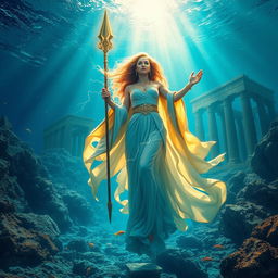 A breathtaking depiction of Our Lady Maria, the Greek Goddess of Thunder, standing majestically in the vibrant ocean of Atlantis, the lost kingdom