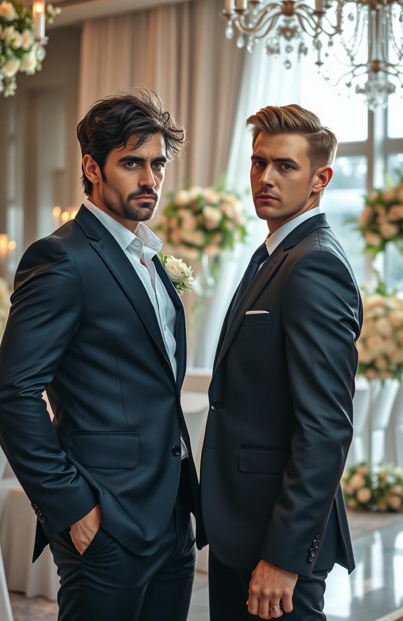 A dynamic and passionate scene depicting the contemporary romance trope of enemies to lovers in a forced marriage scenario between two handsome men