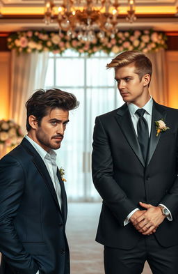 A dynamic and passionate scene depicting the contemporary romance trope of enemies to lovers in a forced marriage scenario between two handsome men