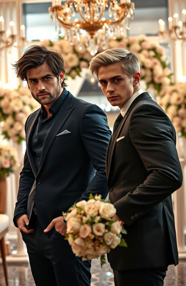 A dynamic and passionate scene depicting the contemporary romance trope of enemies to lovers in a forced marriage scenario between two handsome men