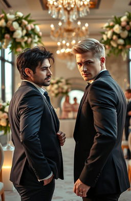 A dynamic and passionate scene depicting the contemporary romance trope of enemies to lovers in a forced marriage scenario between two handsome men