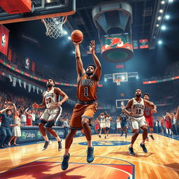 A vibrant and dynamic piece of art capturing the energy of an NBA game, featuring a basketball court with a diverse group of players in motion, showcasing their athleticism and skill