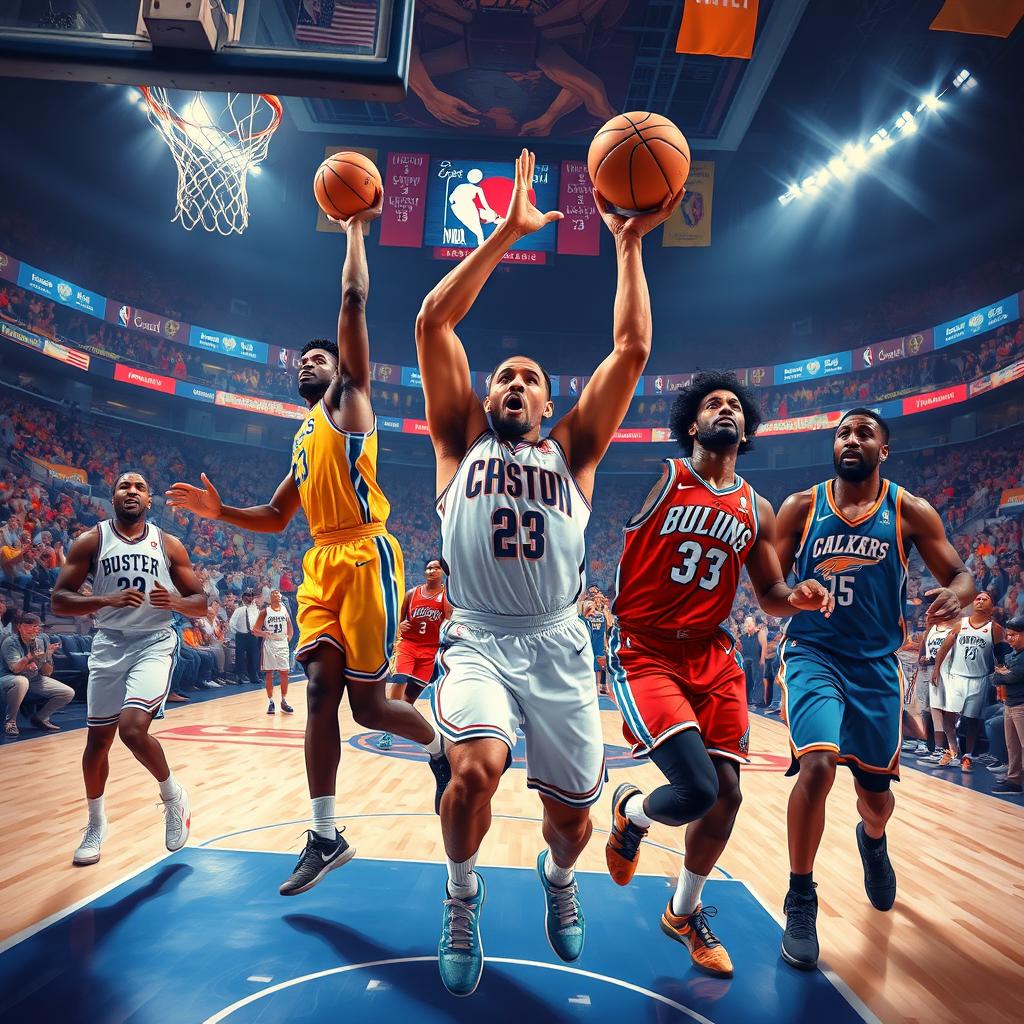 A vibrant and dynamic piece of art capturing the energy of an NBA game, featuring a basketball court with a diverse group of players in motion, showcasing their athleticism and skill