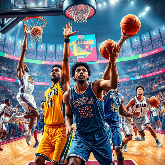 A vibrant and dynamic piece of art capturing the energy of an NBA game, featuring a basketball court with a diverse group of players in motion, showcasing their athleticism and skill