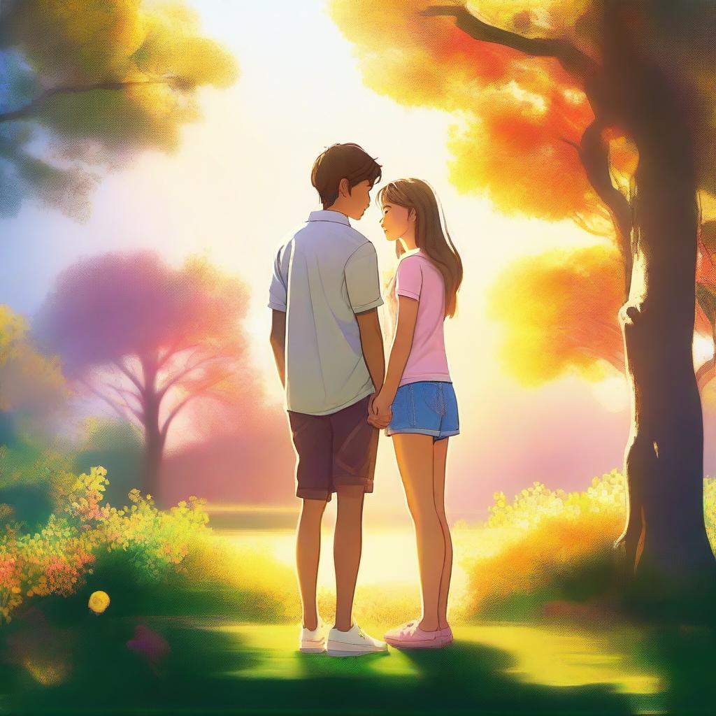 A high-quality digital art image portraying a teen couple standing together during summer