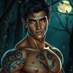 An extraordinarily handsome Fae male with mesmerizing golden eyes that sparkle in the soft glow of the moonlight