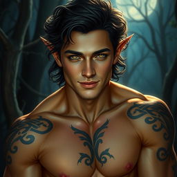 An extraordinarily handsome Fae male with mesmerizing golden eyes that sparkle in the soft glow of the moonlight