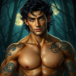 An extraordinarily handsome Fae male with mesmerizing golden eyes that sparkle in the soft glow of the moonlight
