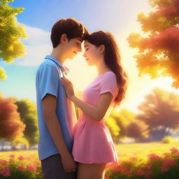 A high-quality digital art image portraying a teen couple standing together during summer