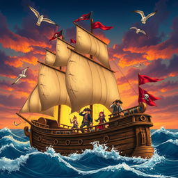 A vivid illustration of a pirate ship in the style of the Ark, set against a dramatic sunset sky