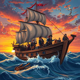 A vivid illustration of a pirate ship in the style of the Ark, set against a dramatic sunset sky