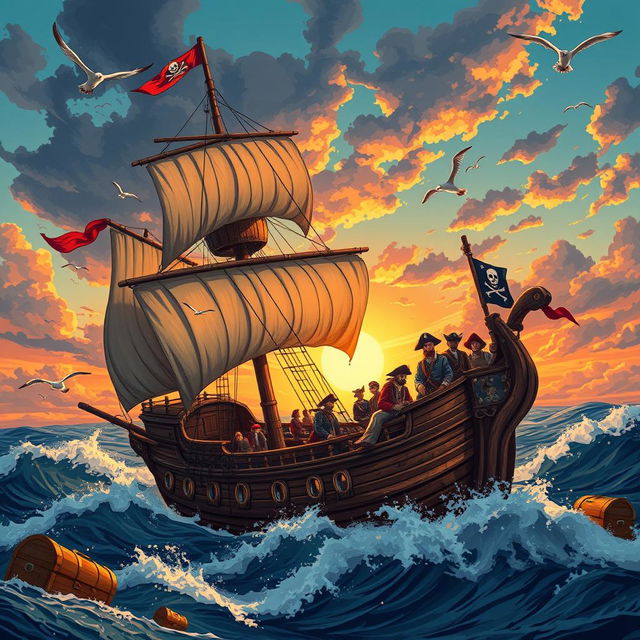 A vivid illustration of a pirate ship in the style of the Ark, set against a dramatic sunset sky