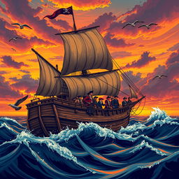 A vivid illustration of a pirate ship in the style of the Ark, set against a dramatic sunset sky