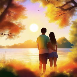 A high-quality digital art image portraying a teen couple standing together during summer