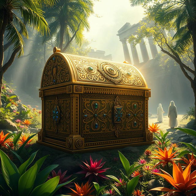 An imaginative representation of the legendary Ark of the Covenant, beautifully adorned with intricate golden patterns and gemstones, surrounded by a mystical glow