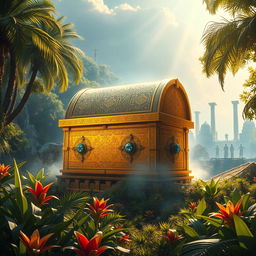 An imaginative representation of the legendary Ark of the Covenant, beautifully adorned with intricate golden patterns and gemstones, surrounded by a mystical glow