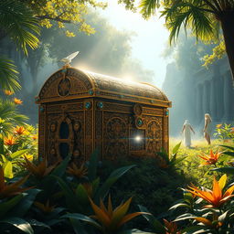 An imaginative representation of the legendary Ark of the Covenant, beautifully adorned with intricate golden patterns and gemstones, surrounded by a mystical glow