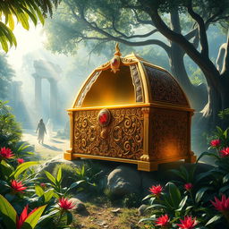 An imaginative representation of the legendary Ark of the Covenant, beautifully adorned with intricate golden patterns and gemstones, surrounded by a mystical glow