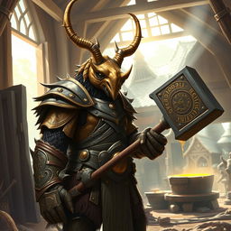 In a captivating fantasy world, a striking beetle-like humanoid stands proudly, resembling a fascinating blend of a rhinoceros beetle and a human