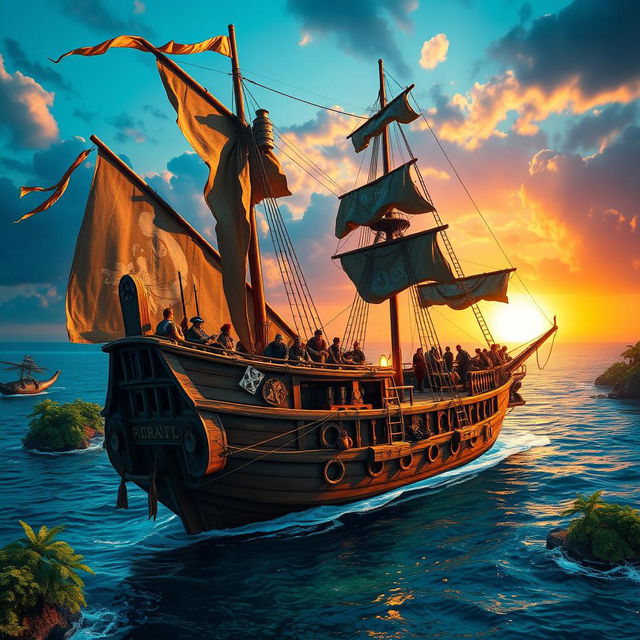 A dramatic depiction of a pirate ship inspired by the game Ark: Survival Evolved, featuring vivid details of a rustic wooden hull adorned with tattered sails and various survival gear