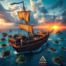 A dramatic depiction of a pirate ship inspired by the game Ark: Survival Evolved, featuring vivid details of a rustic wooden hull adorned with tattered sails and various survival gear