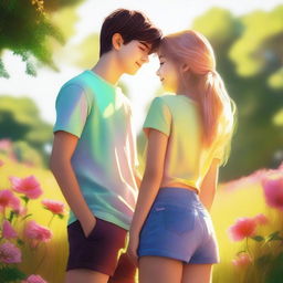 A high-quality digital art image portraying a teen couple standing together during summer