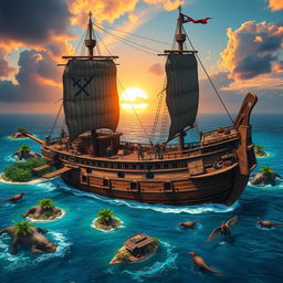 A dramatic depiction of a pirate ship inspired by the game Ark: Survival Evolved, featuring vivid details of a rustic wooden hull adorned with tattered sails and various survival gear