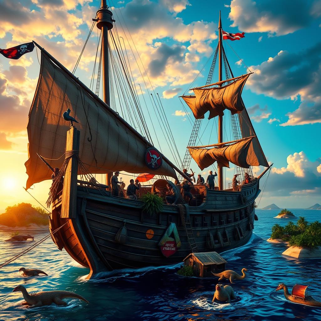 A dramatic depiction of a pirate ship inspired by the game Ark: Survival Evolved, featuring vivid details of a rustic wooden hull adorned with tattered sails and various survival gear