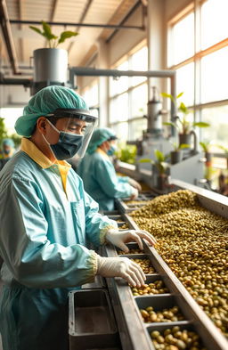 A high-quality, vibrant image depicting the industrialization process of specialty green coffee