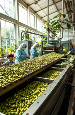 A high-quality, vibrant image depicting the industrialization process of specialty green coffee