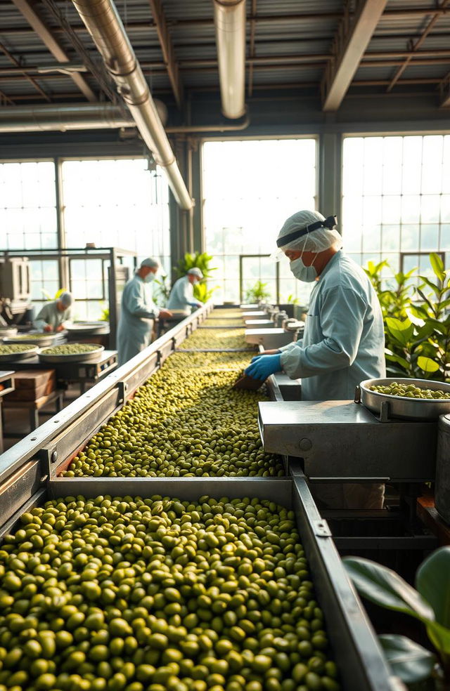 A high-quality, vibrant image depicting the industrialization process of specialty green coffee