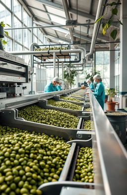A high-quality, vibrant image depicting the industrialization process of specialty green coffee