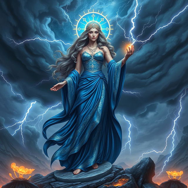 A stunning depiction of Our Lady Maria, the Greek Goddess of Thunder, standing majestically on the mysterious Crypthon planet