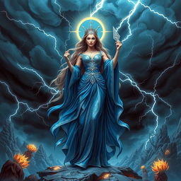 A stunning depiction of Our Lady Maria, the Greek Goddess of Thunder, standing majestically on the mysterious Crypthon planet