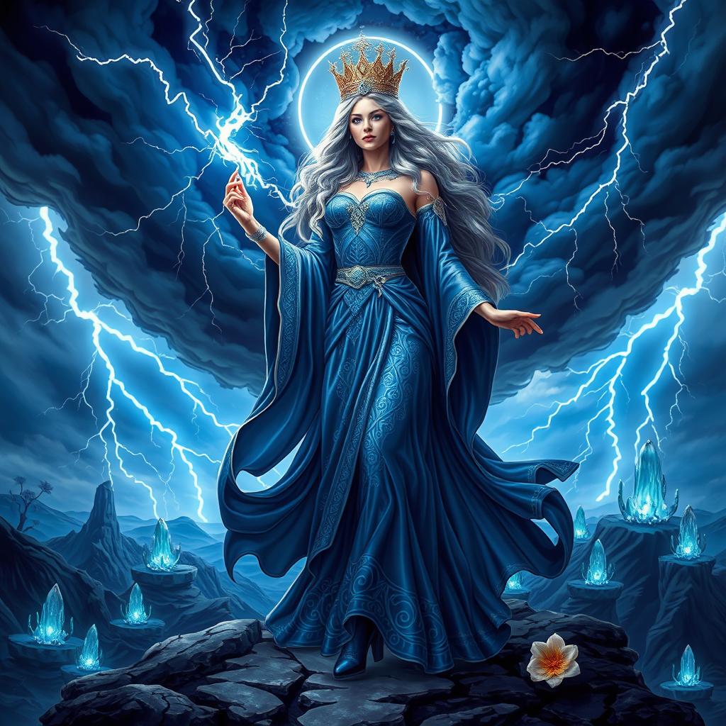 A stunning depiction of Our Lady Maria, the Greek Goddess of Thunder, standing majestically on the mysterious Crypthon planet