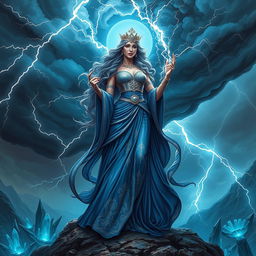 A stunning depiction of Our Lady Maria, the Greek Goddess of Thunder, standing majestically on the mysterious Crypthon planet