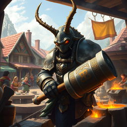 In a mesmerizing fantasy world, the scene unfolds in a bustling forge nestled within a quaint village
