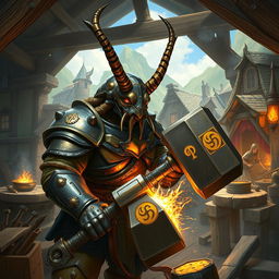In a mesmerizing fantasy world, the scene unfolds in a bustling forge nestled within a quaint village