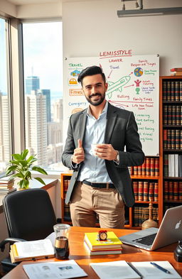 A professional lifestyle lawyer stands confidently in a modern office filled with shelves of legal books and a large window showcasing a vibrant cityscape